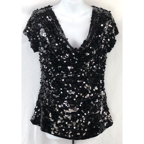 INC International Concepts Tops - Inc Boutique Evening Heavy Sequins Top M Blk Drape Cowl Neck Party Deco Cocktail